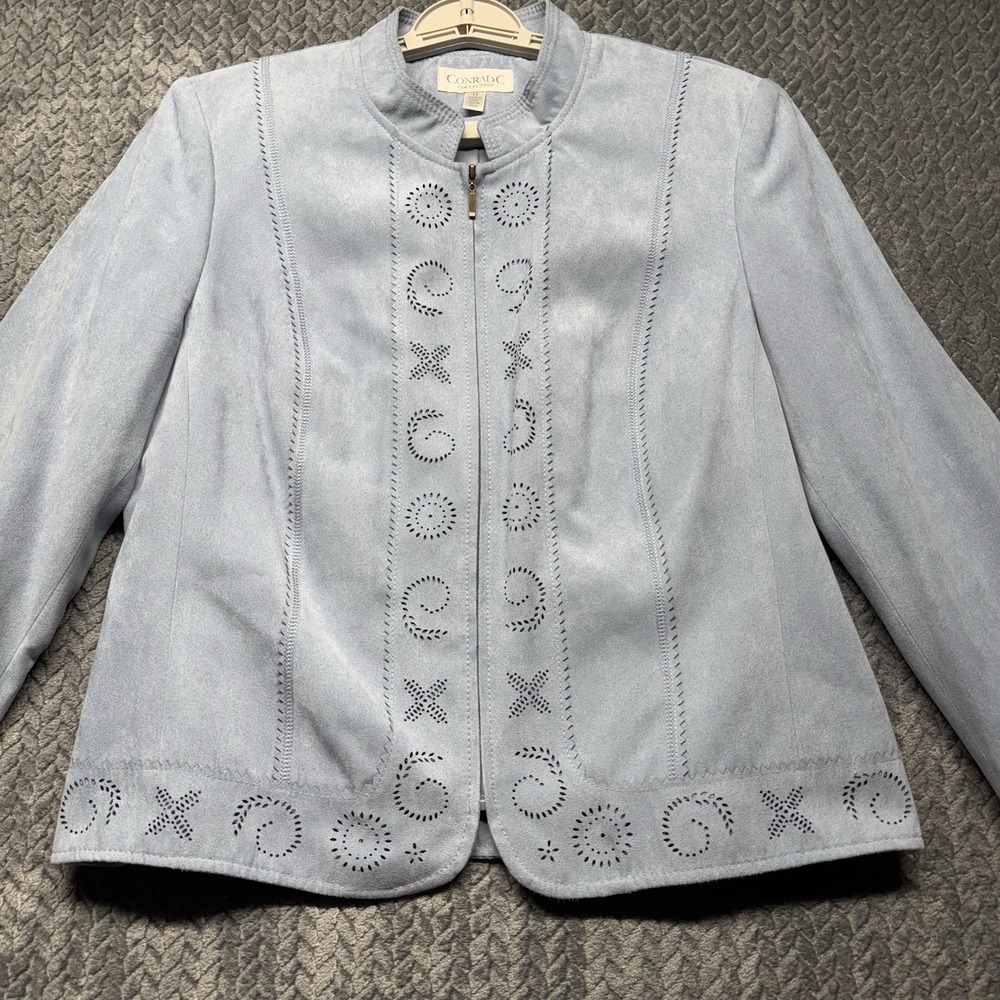 Conrad C Collection Jacket‎ Women's 12 Blue Faux Suede Laser Cut Embroidered Zip